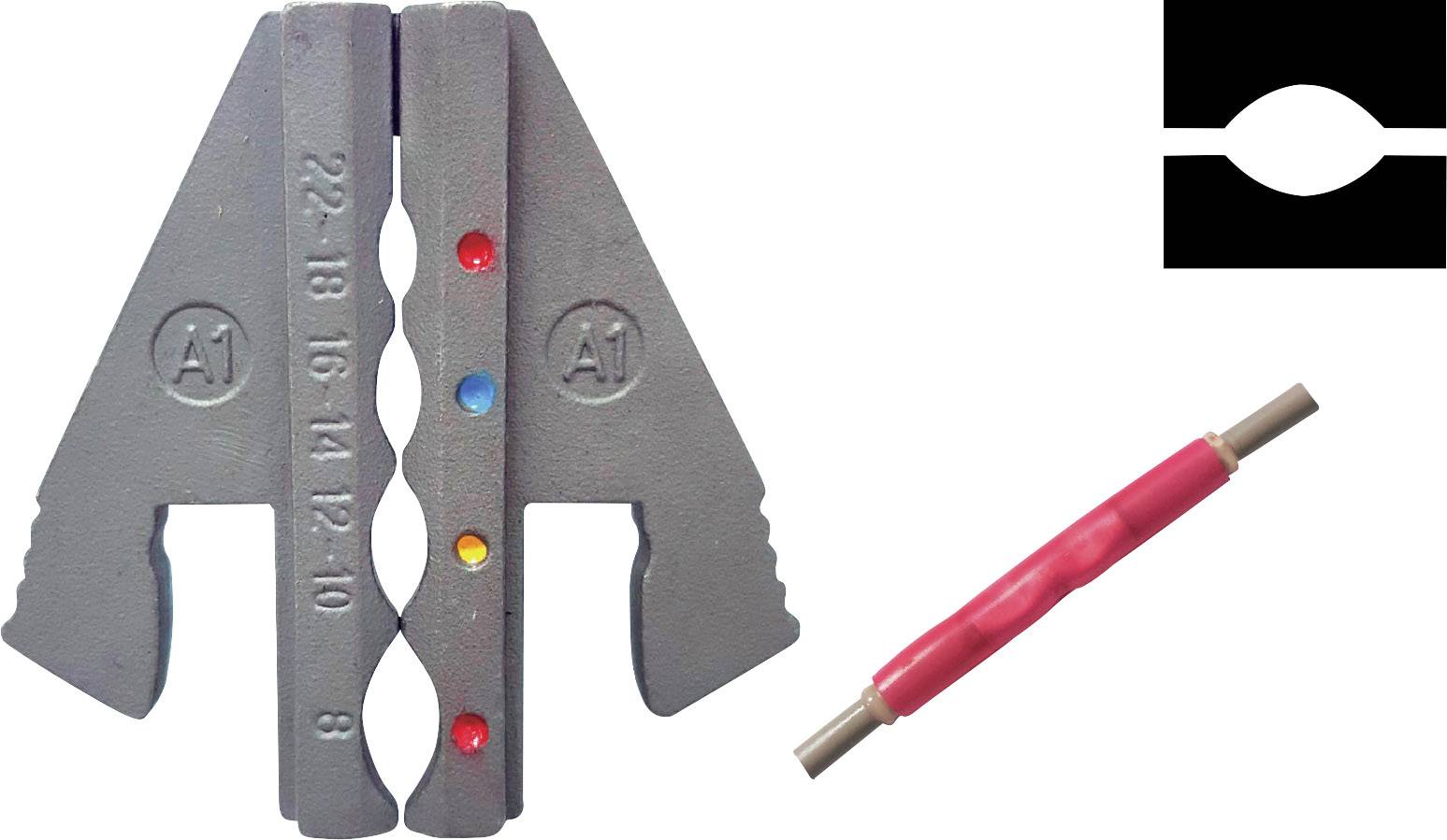 Een metalen striptang. Het toont verschillende kleurgecodeerde inkepingen voor het doorsnijden van draden. Ernaast ligt een rode kabelverbinder.