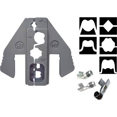 Grijs metalen gereedschap met genummerde uitsneden. Rechtsboven zes zwarte vormen die verschillende snijprofielen tonen. Linksonder gedetailleerde weergaven van twee metalen inzetstukken.