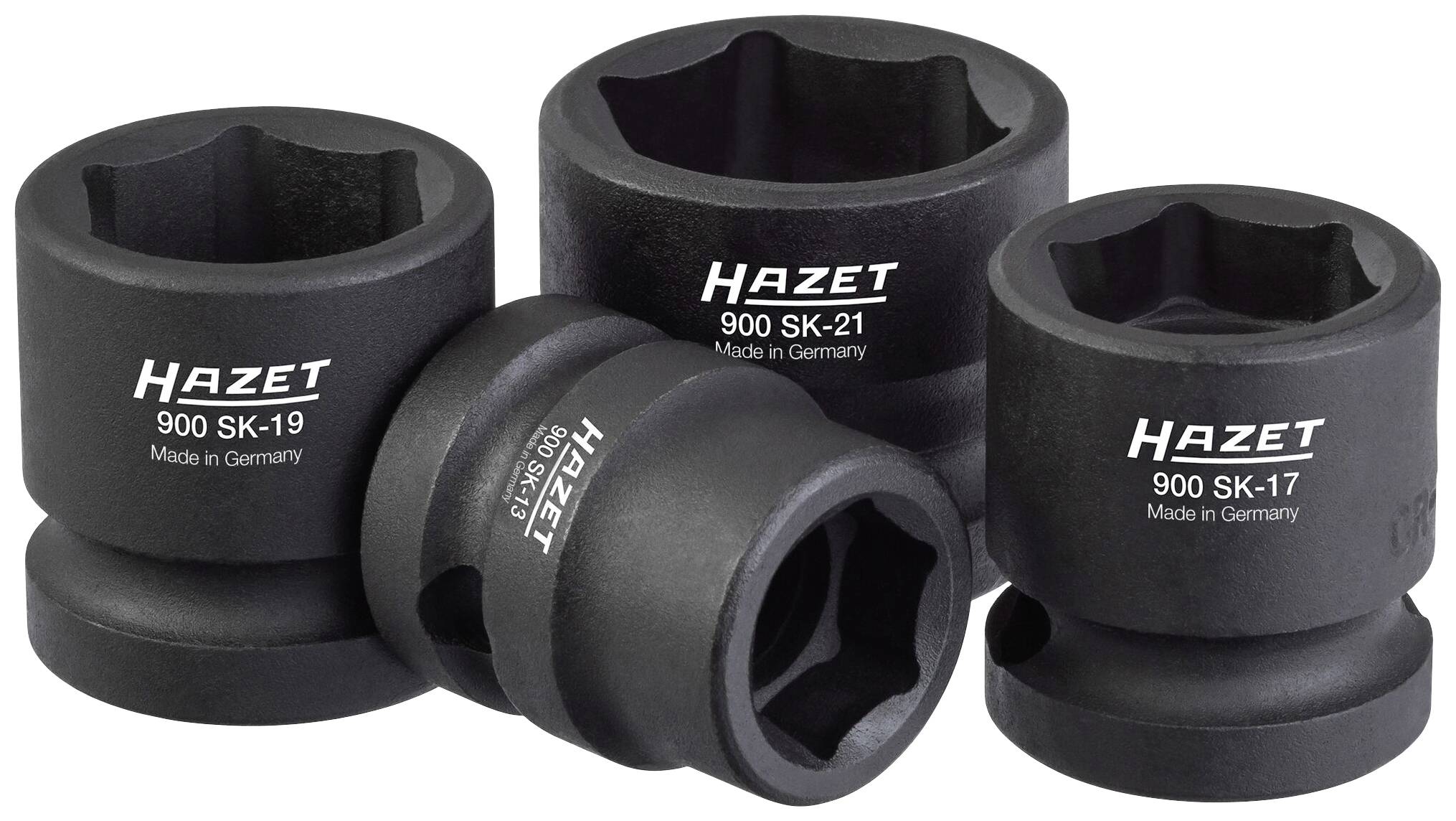 Vier zwarte Hazet dopsleutels, modellen 900 SK-19, 900 SK-17, 900 SK-21 en 900 SK-13, met de opdruk 'Made in Germany'.