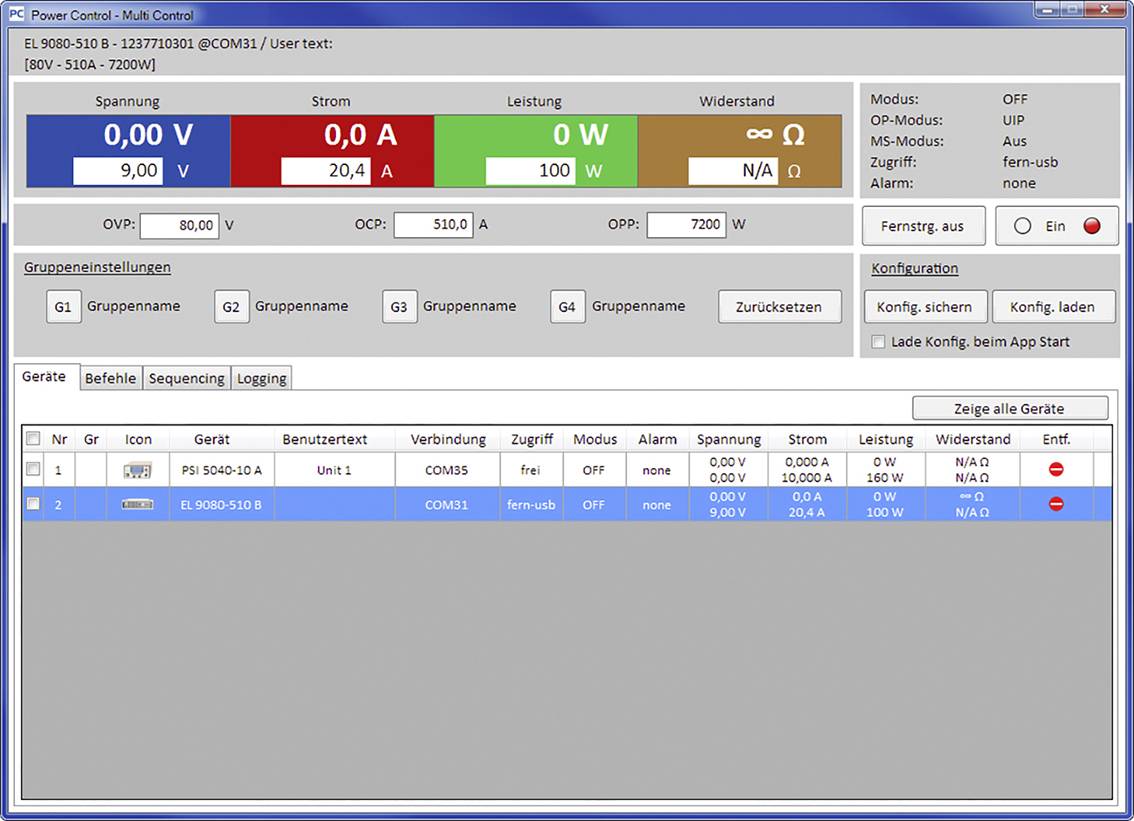 Scherm van het Power Control-programma: Toont apparaatbesturing met spanning, stroom, vermogen, statusaanduidingen en configuratiemenu.