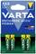 Verpakking met vier 'Varta Recharge ACCU Power' AAA-batterijen, 550 mAh. Verpakking benadrukt oplaadbaar zijn en langdurige prestatie.