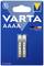 Verpakking met twee VARTA AAAA batterijen, blauwe achtergrond, 'Alkaline' bedrukt, bedrijfslogo met geel driehoek en menselijk symbool.