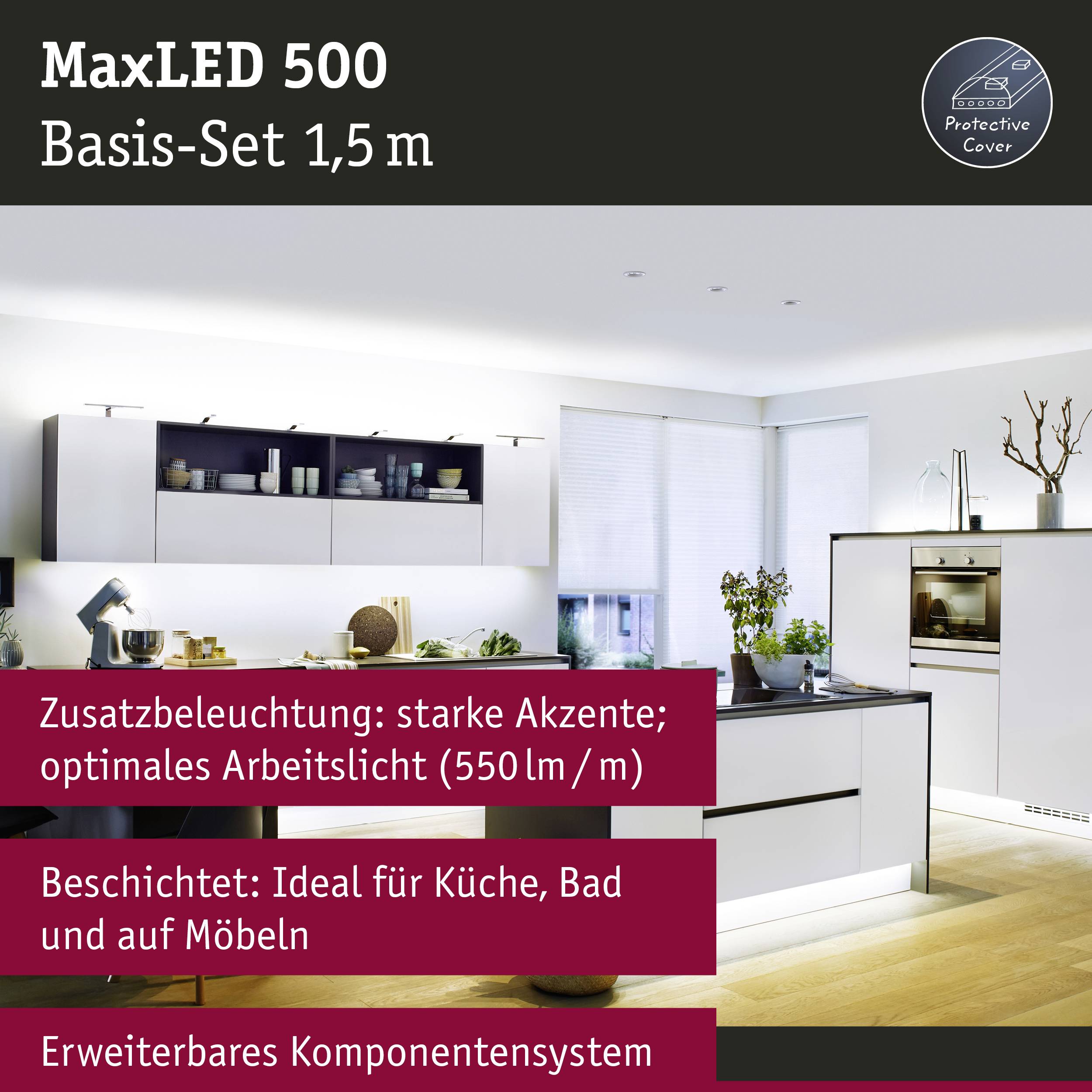 Reclame voor 'MaxLED 500', toont een moderne keuken met LED-verlichting, optimaal licht voor meubilair; ideaal voor keuken en badkamer.