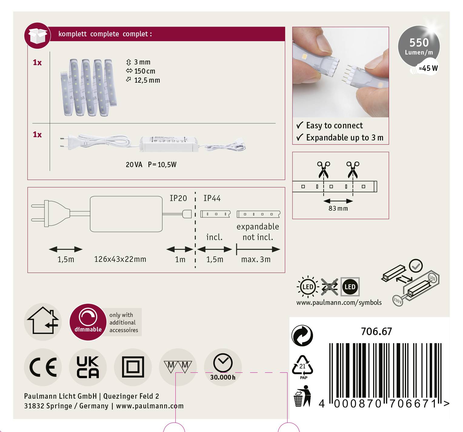 De afbeelding toont een verpakking van een LED-verlichtingssysteem. Links bovenaan wordt de complete set weergegeven. Deze omvat verlichting, een voedingsadapter en aansluitklemmen. Rechts zijn montage- en veiligheidsinstructies vermeld.