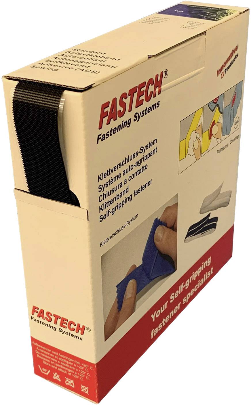 Verpakking van klittenbandsystemen van het merk FASTECH, toont afbeeldingen van het gebruik en bevat productinformatie in meerdere talen.