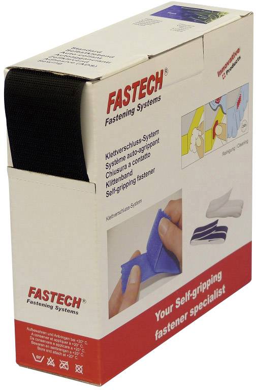 Een verpakking van het merkproduct Fastech met klittenband, geschikt voor verschillende bevestigingssystemen. Bevat afbeeldingen ter illustratie van het gebruik.