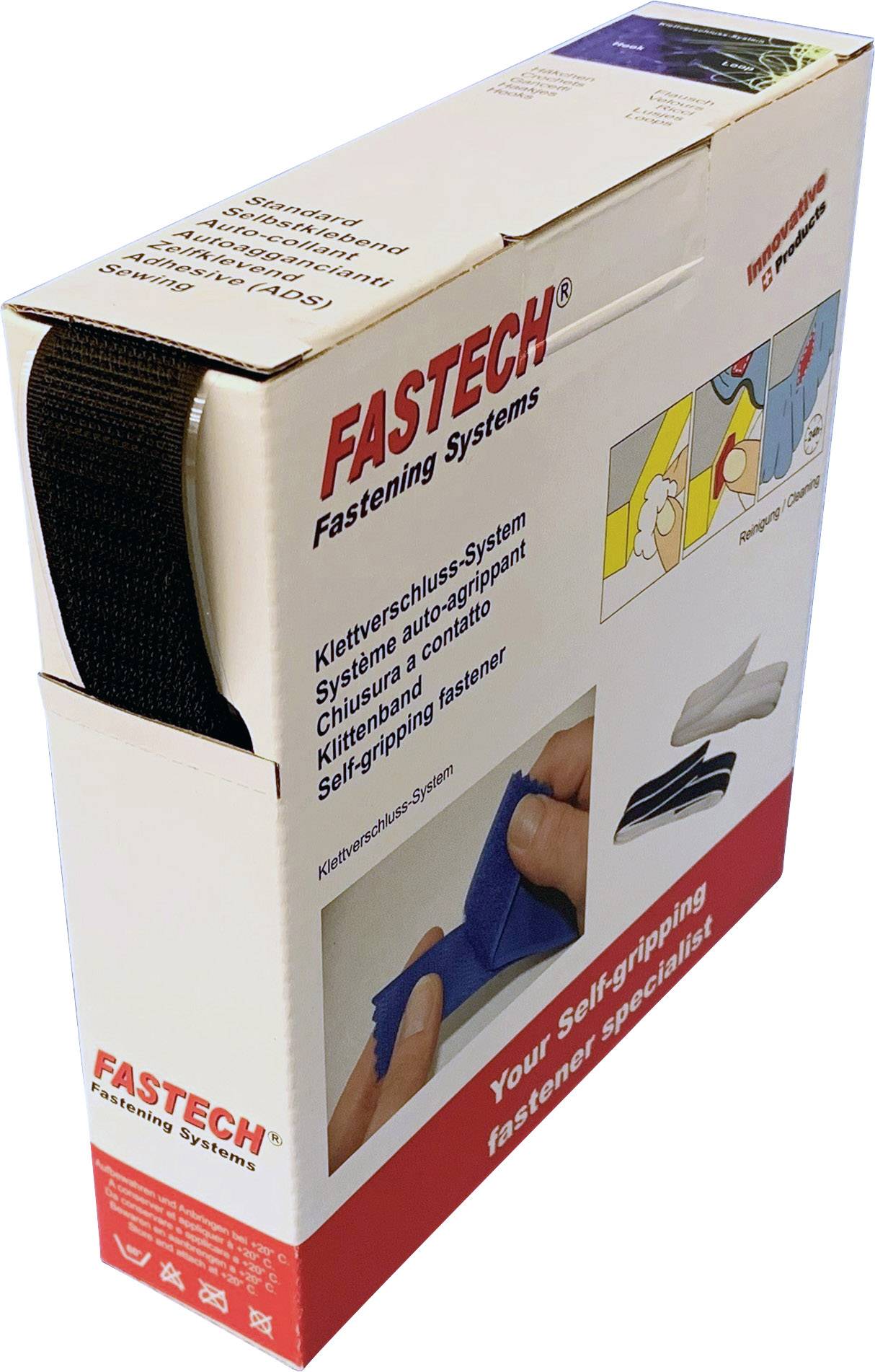 Verpakking van een klittenbandsysteem van Fastech, toont toepassingsbeelden en beschrijvingen in meerdere talen.