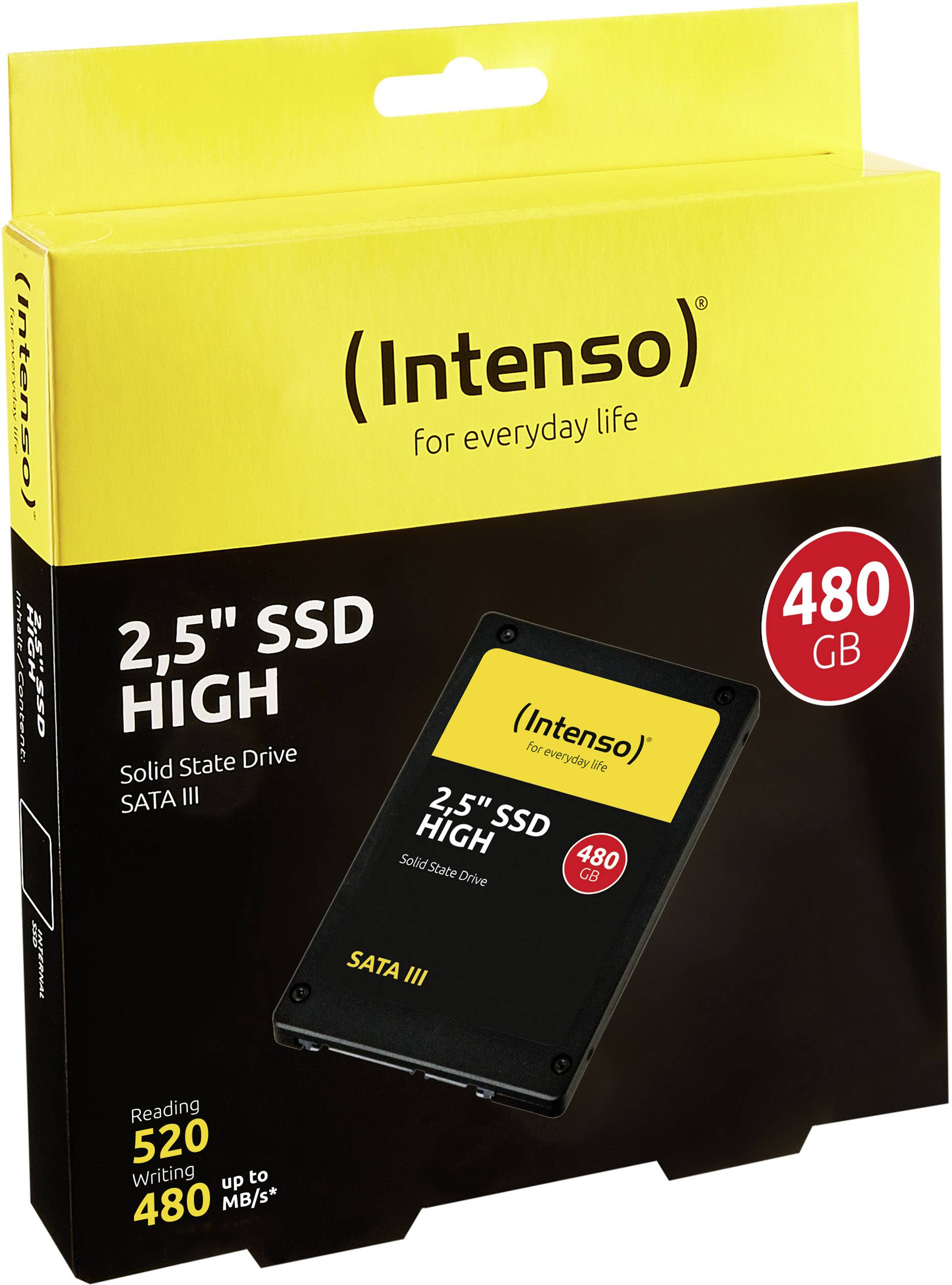 Intenso 2,5" SSD 480 GB in gele verpakking. Specificaties: SATA III, leessnelheid: tot 520 MB/s, schrijfsnelheid: tot 480 MB/s.