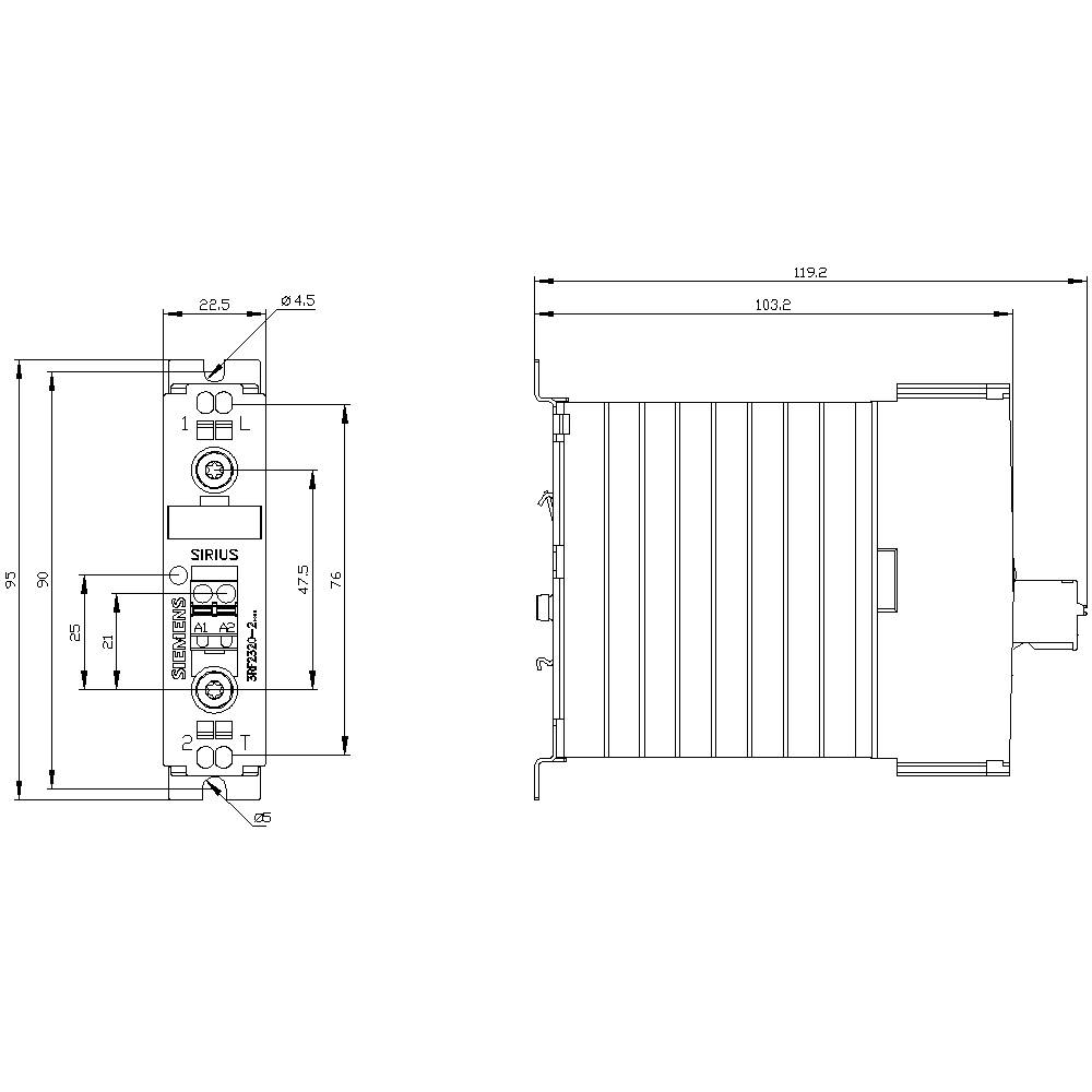'Afmetingen van een elektronisch apparaat: rechts 119,2 mm, breedte 22,5 mm, hoogte 90 mm. SIRIUS-component met aansluitdetails.'