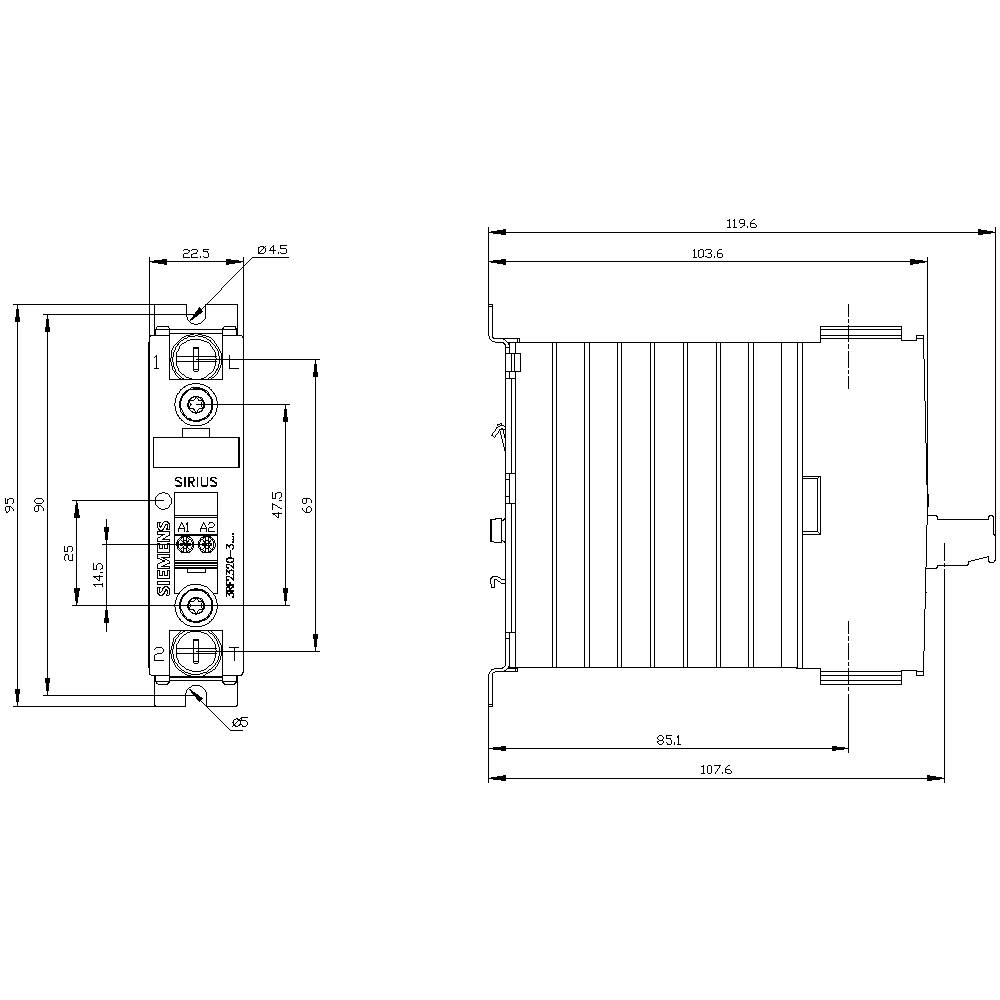 Schakelschema van een elektrisch SIRIUS-apparaat met detailmaten in millimeters. Rechterafbeelding toont apparaatvorm, linkerafbeelding toont aansluitpunten.