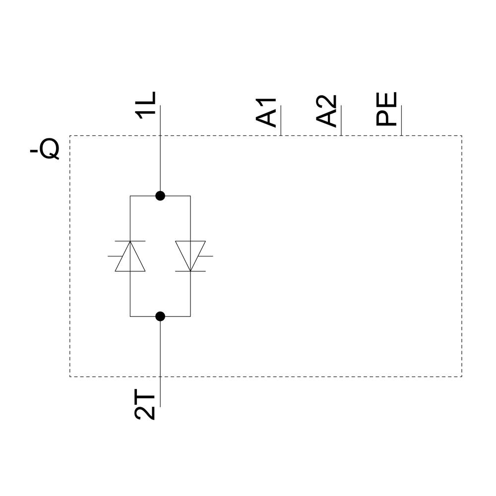 Een schakelschema toont een rechthoek met pijl-symbool. Binnenin bevinden zich twee tegenovergestelde dioden. Aansluitingen: 1L, A1, A2, PE, 2T.