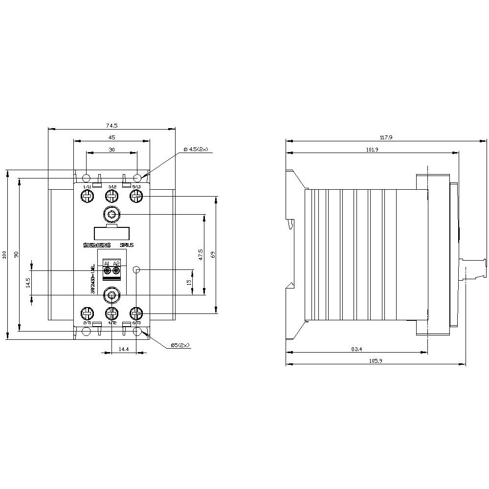Technische tekening van een apparaat met voor- en zijaanzicht. Afmetingen zijn gemarkeerd, centrale schroeven en aansluitpunten zijn zichtbaar.