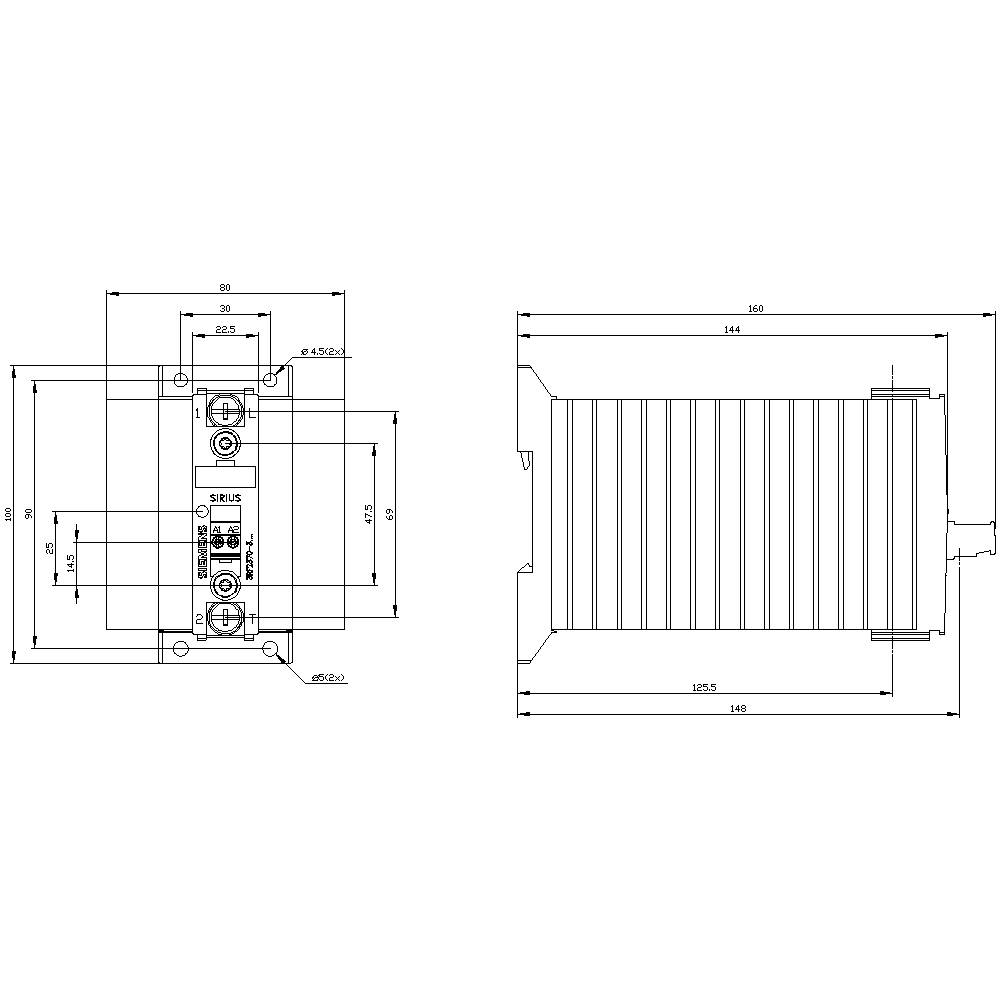 Technische tekening van een elektrisch apparaat met gedetailleerde afmetingen en aanduidingen voor lengtes en breedtes.