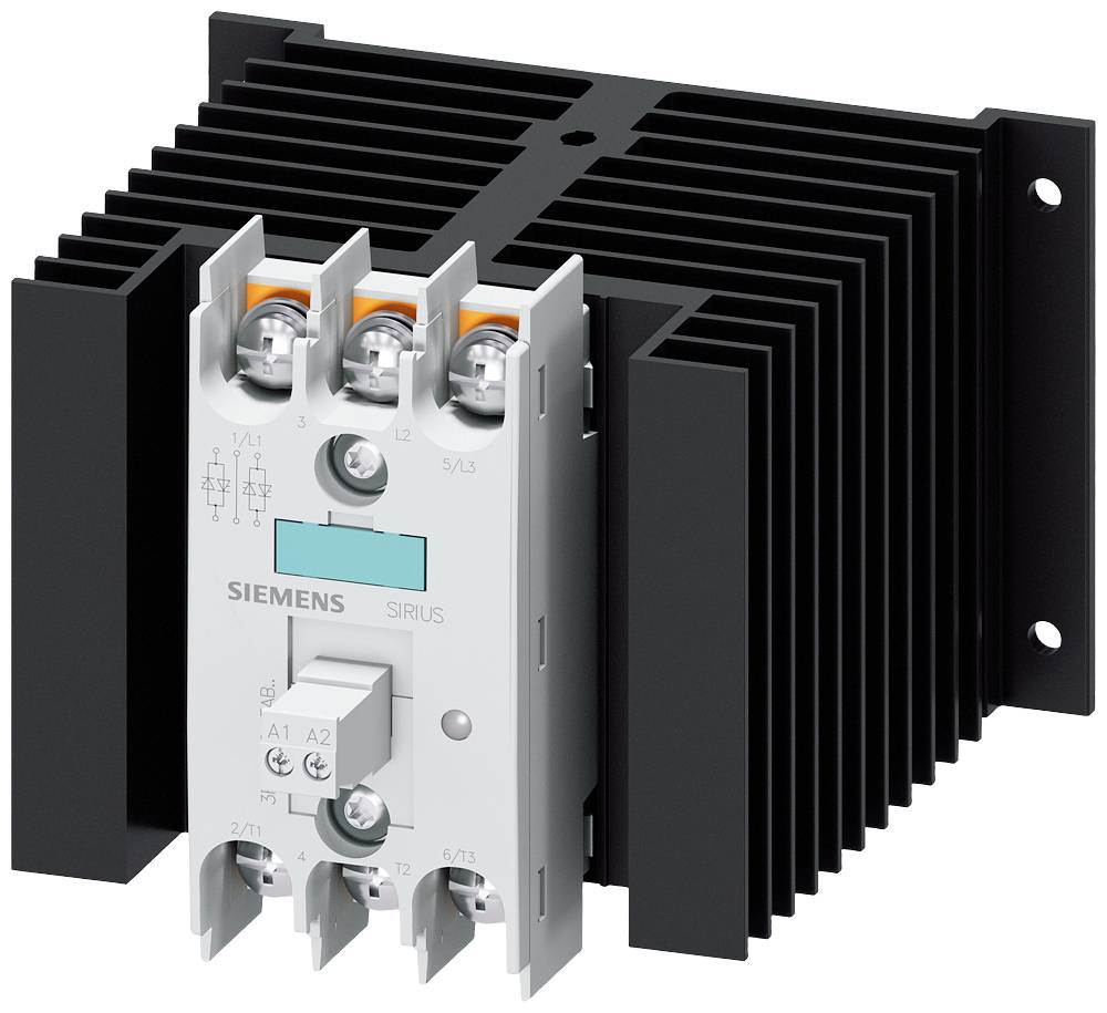 Een grijs Siemens SIRIUS-schakelcontact met een zwarte koelbehuizing, gebruikt voor het besturen van elektrische leidingen in industriële toepassingen.