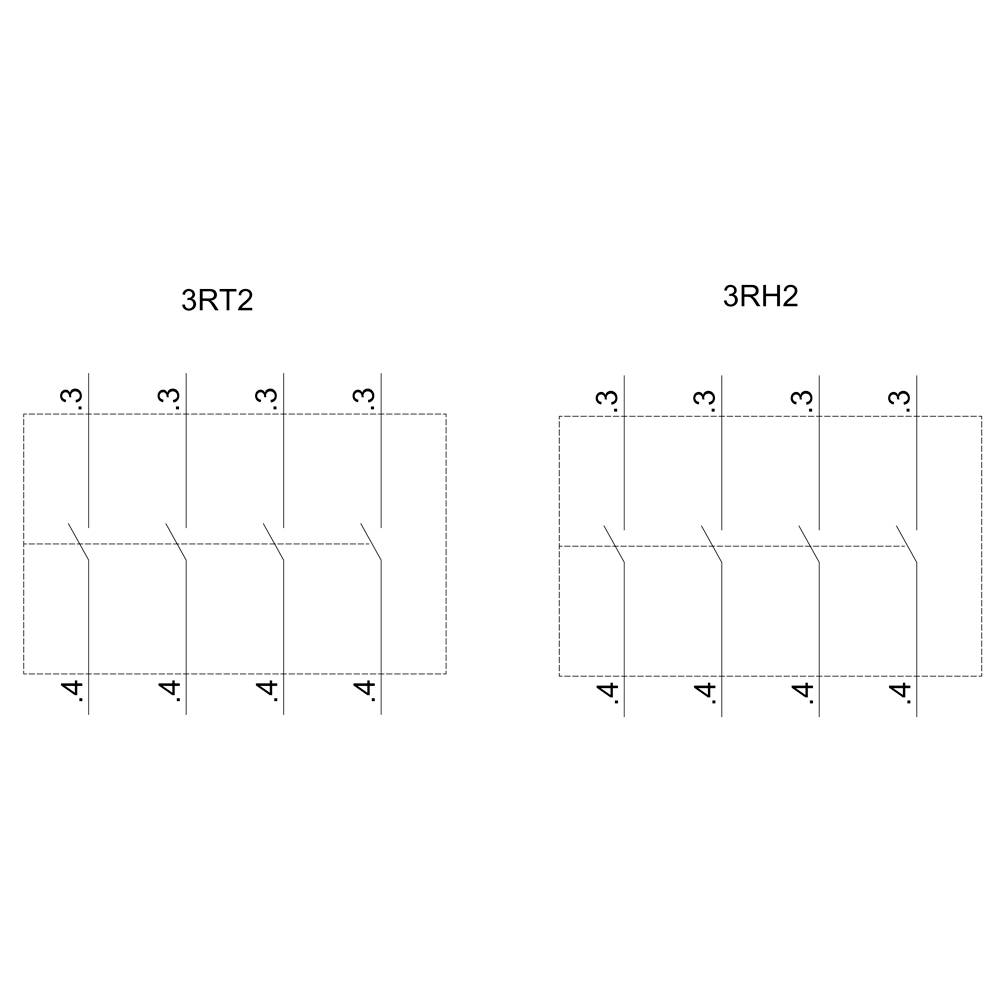 Twee schakelschema's naast elkaar: Links '3RT2' en rechts '3RH2', beide met twee rijen aansluitingen, bovenaan '3' en onderaan '4' gelabeld.