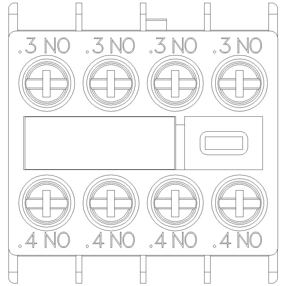 Afbeelding van een elektrische schakelaar met acht ronde aansluitpunten, gemarkeerd met '.3 NO' en '.4 NO'; toont schakelcircuitconfiguratie.