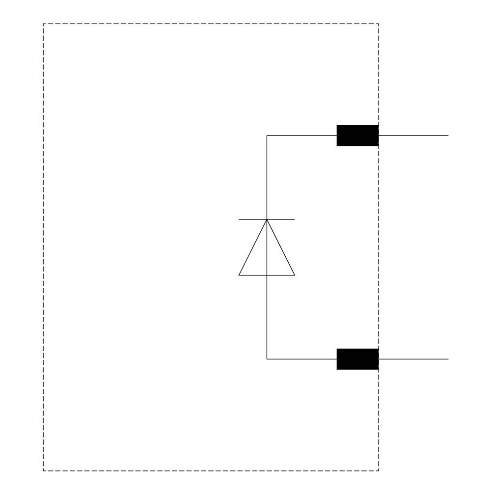 Schakelschema: Diode tussen twee weerstanden in een serieschakeling. Pijl op diode wijst in de stroomrichting.