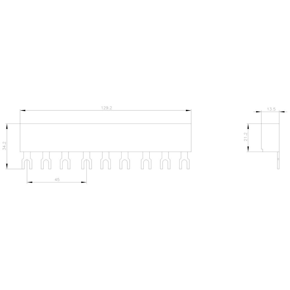 Technische tekening van een onderdeel met afmetingen: lengte 129,2 mm, hoogte 13,5 mm, breedte 34,2 mm, pin-afstanden 45 mm.