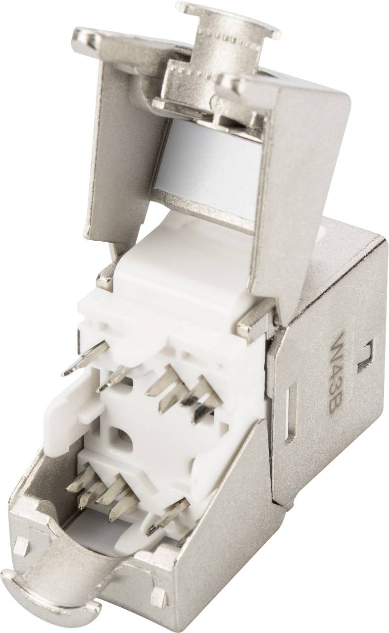 Metalen Keystone-module met open behuizing toont interne elektrische aansluitingen, geschikt voor netwerk- of telecommunicatie-installatie.