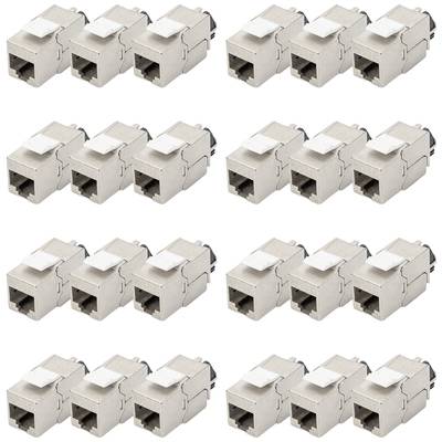 Twaalf RJ45-keystone-modules in rijen gerangschikt, geschikt voor Ethernet-bekabeling en netwerkverbindingen in patchpanels.