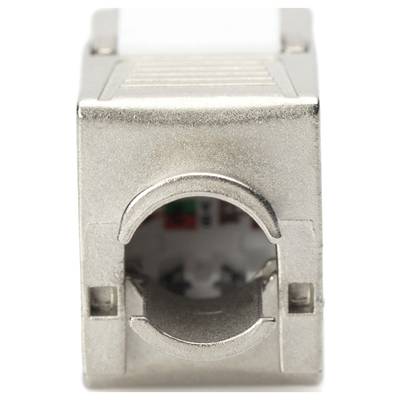 Een zilveren netwerkstekker met duidelijk zichtbare interne contacten, die wordt gebruikt voor het aansluiten van Ethernet-kabels.
