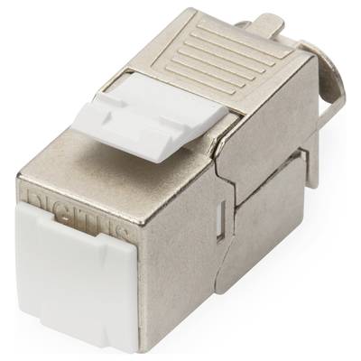 Een RJ45-netwerkkabel met een metalen en kunststof connector, die wordt gebruikt voor het verbinden van netwerkcomponenten.