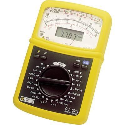 Digitale multimeter met gele behuizing toont meetwaarde van 378 mV op analoog display. Verschillende meetbereiken zijn selecteerbaar.
