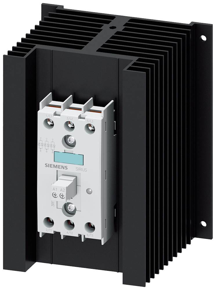 Een elektrisch relais van Siemens, gemonteerd op een koellichaamvoet, met meerdere aansluitingen voor het sturen van elektrische belastingen.