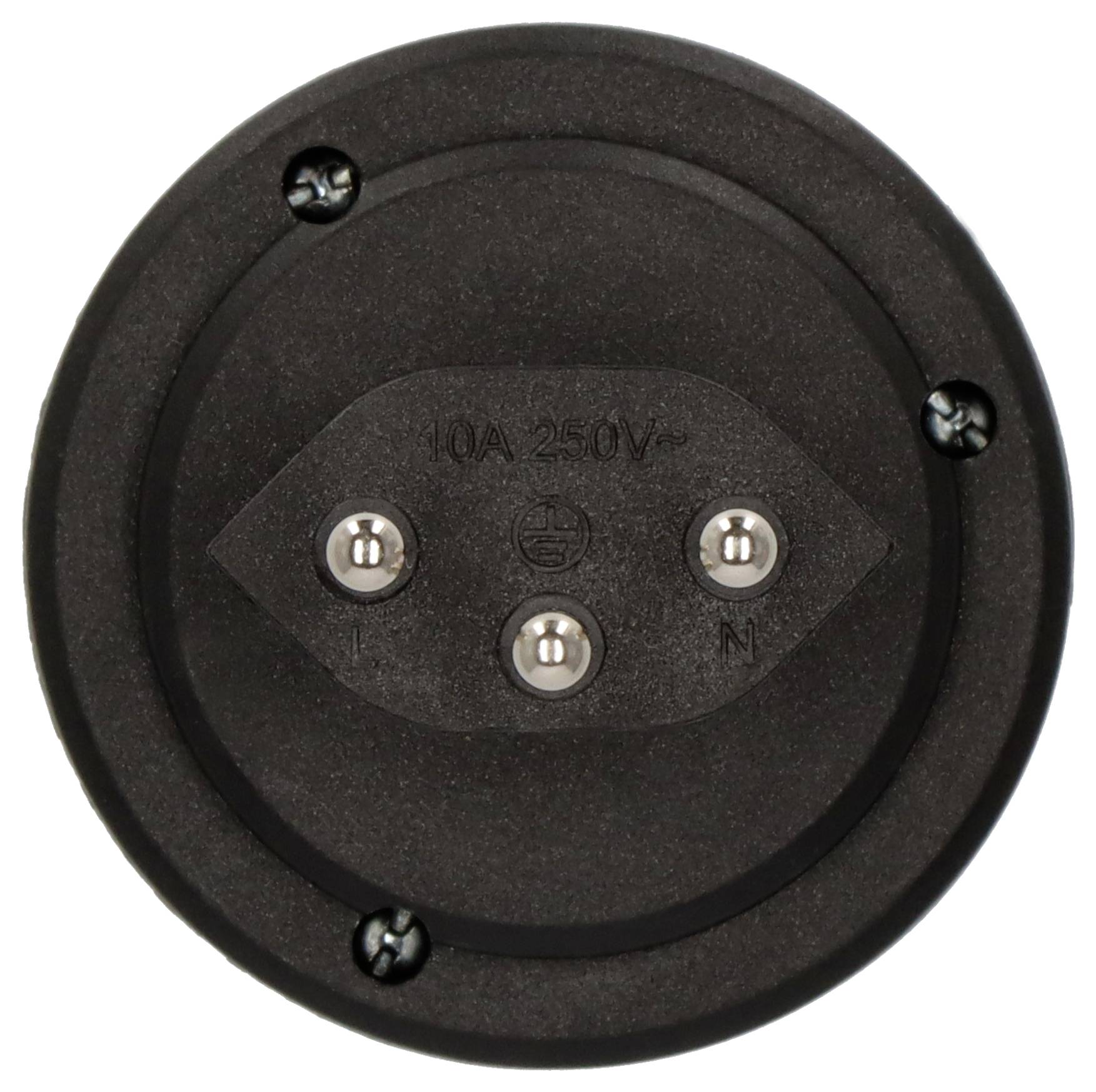 'Ronde zwarte wandcontactdoos zonder zichtbare kabels, met drie metalen schroeven en opdruk: 10A 250V, L, N.'