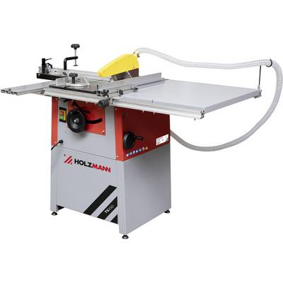 Holzmann TS 250 tafelzaag met aluminium schuiftafel, geel zaagbladscherm en stofafzuigslang op een grijs en rood kastonderstel.