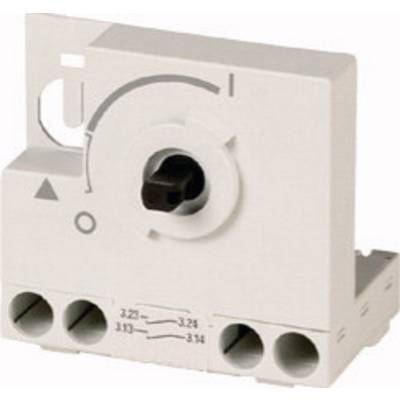 Een witte, elektrische fasenschakelaar met schaal en drie kabelaansluitingen, gemonteerd op een DIN-rail.