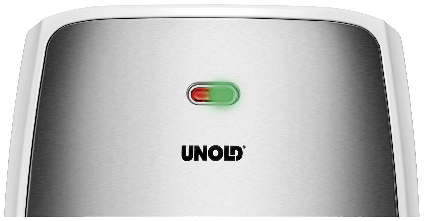 Een Unold-broodrooster met een zilveren afwerking, groene LED-indicatie en een rode accent, geeft aan klaar voor gebruik te zijn.