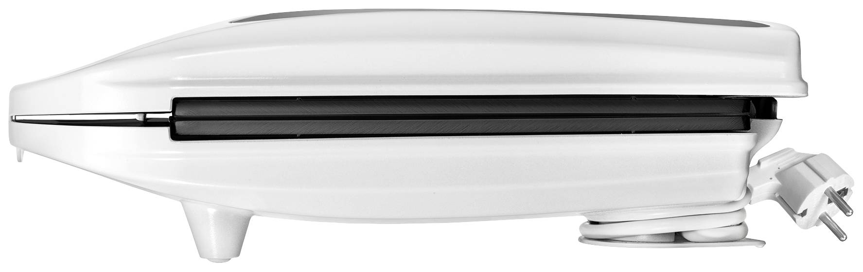 Een gesloten, witte contactgrill gezien van opzij, compact ontworpen, met het snoer opgerold aan de zijkant.