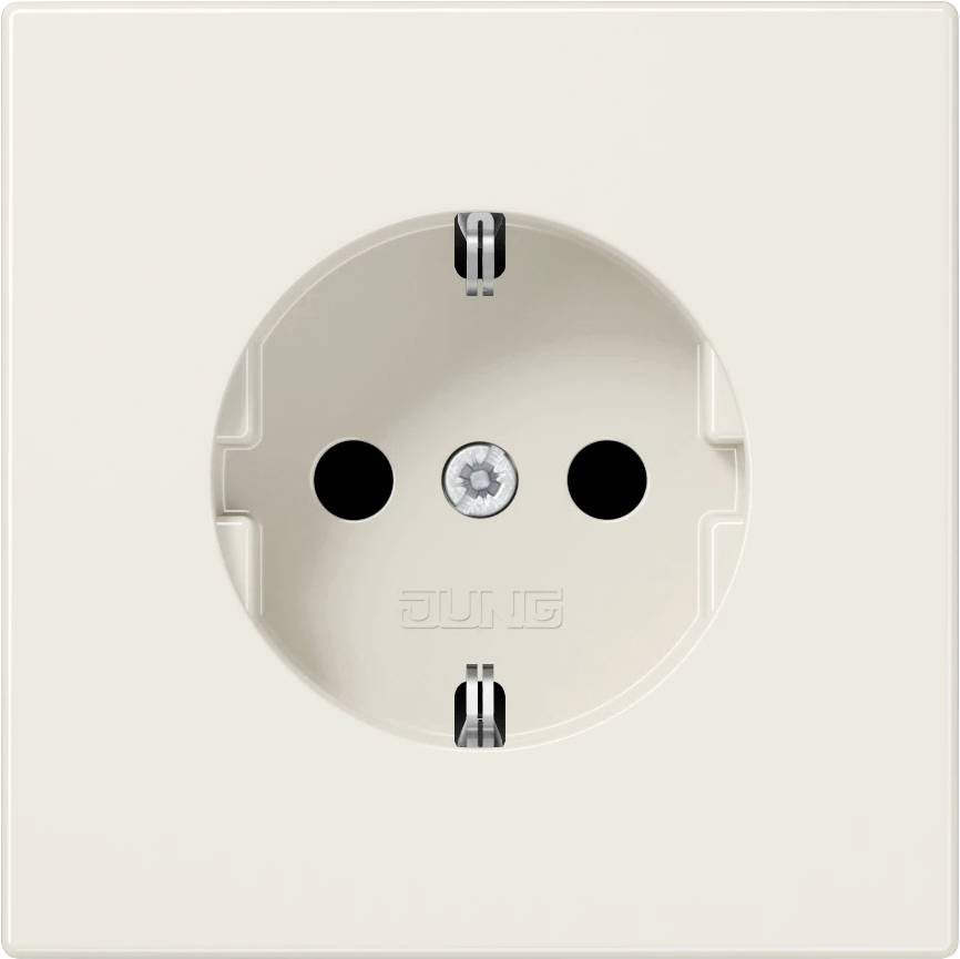 Beige wandcontactdoos met twee ronde gaten en een centraal aardingscontact.