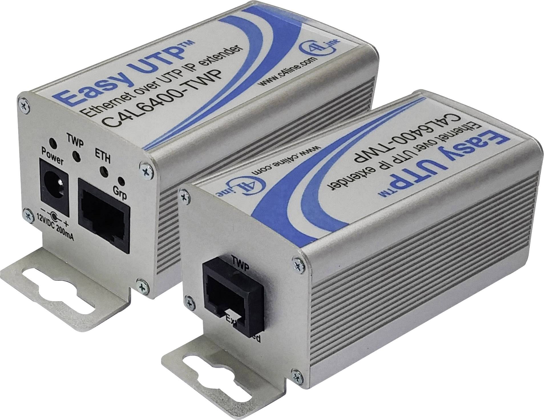 Twee zilverkleurige Ethernet-over-UTP-IP-extenders met blauwe opdruk 'Easy UTP' en modelnummer 'CA-6400-TWP'.