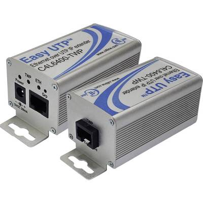 Twee zilverkleurige Ethernet-over-UTP-IP-extenders met blauwe opdruk 'Easy UTP' en modelnummer 'CA-6400-TWP'.