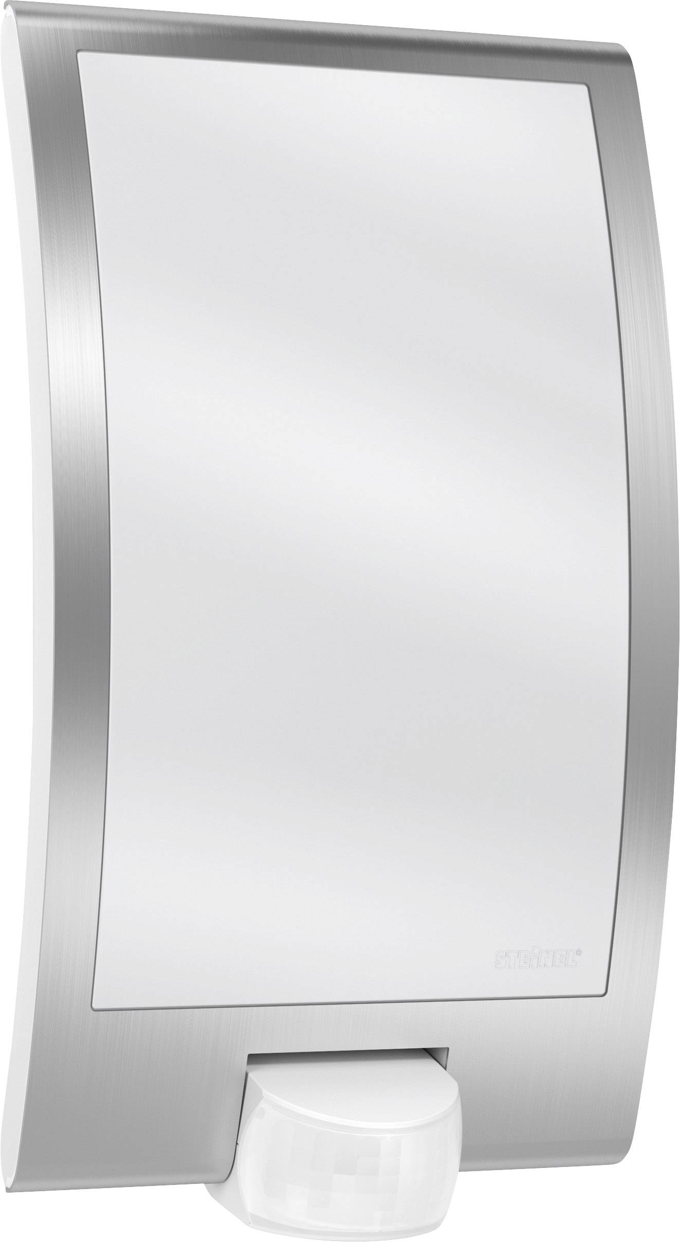 Zilveren buitenwandlamp met geïntegreerde bewegingssensor, strak design, rechthoekige vorm.