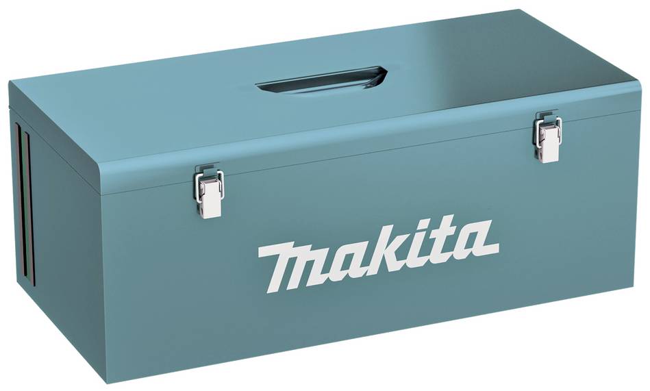 Grote, blauwe gereedschapskist met twee zilveren sluitingen en het witte Makita-logo op de voorkant.