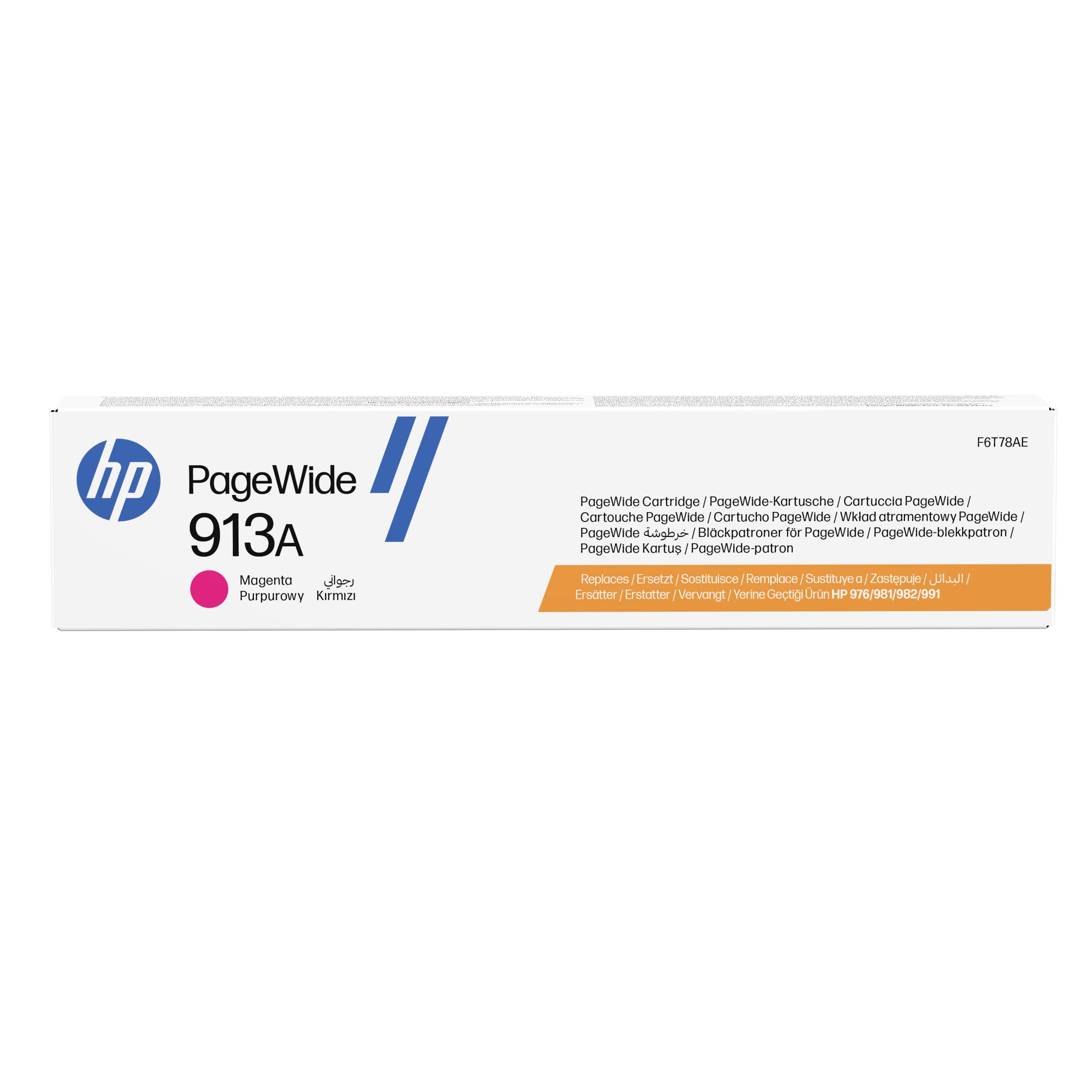 HP PageWide 913A magenta inktcartridge verpakking weergegeven op een witte achtergrond, met modelnummer F6T78AE en meertalige labeltekst.
