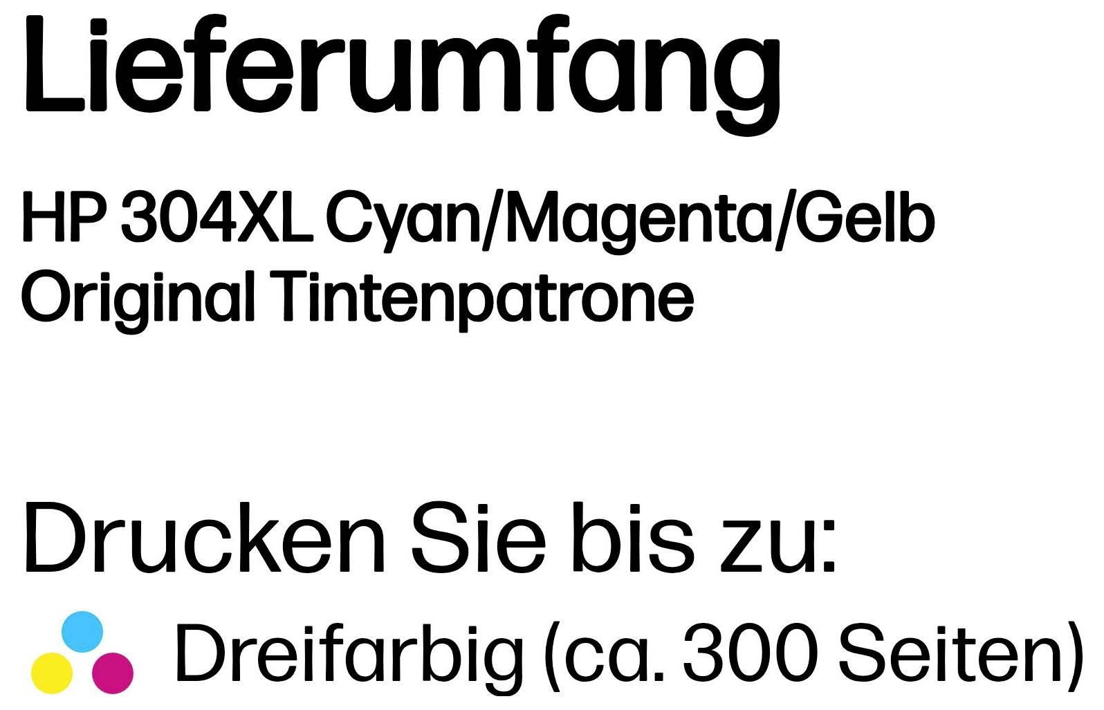 Leveringsverpakking voor HP 304XL cyaan, magenta, geel originele inktcartridge; drukt tot 300 pagina's in kleur.