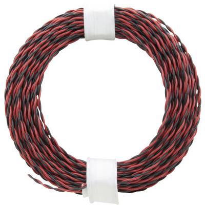 Een opgerolde spoel van rood-zwart, gedraaid kabel, vastgemaakt met witte banden.