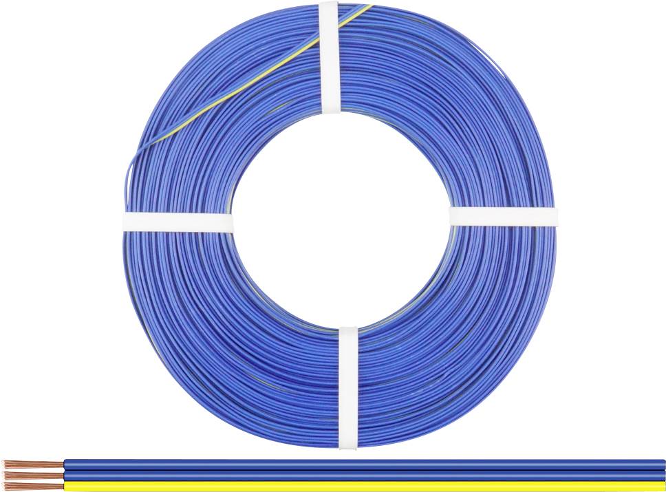 Blauwe kabelring met drie zichtbare kabels onderaan. De kabels hebben verschillende kleuren: blauw, geel en groen.