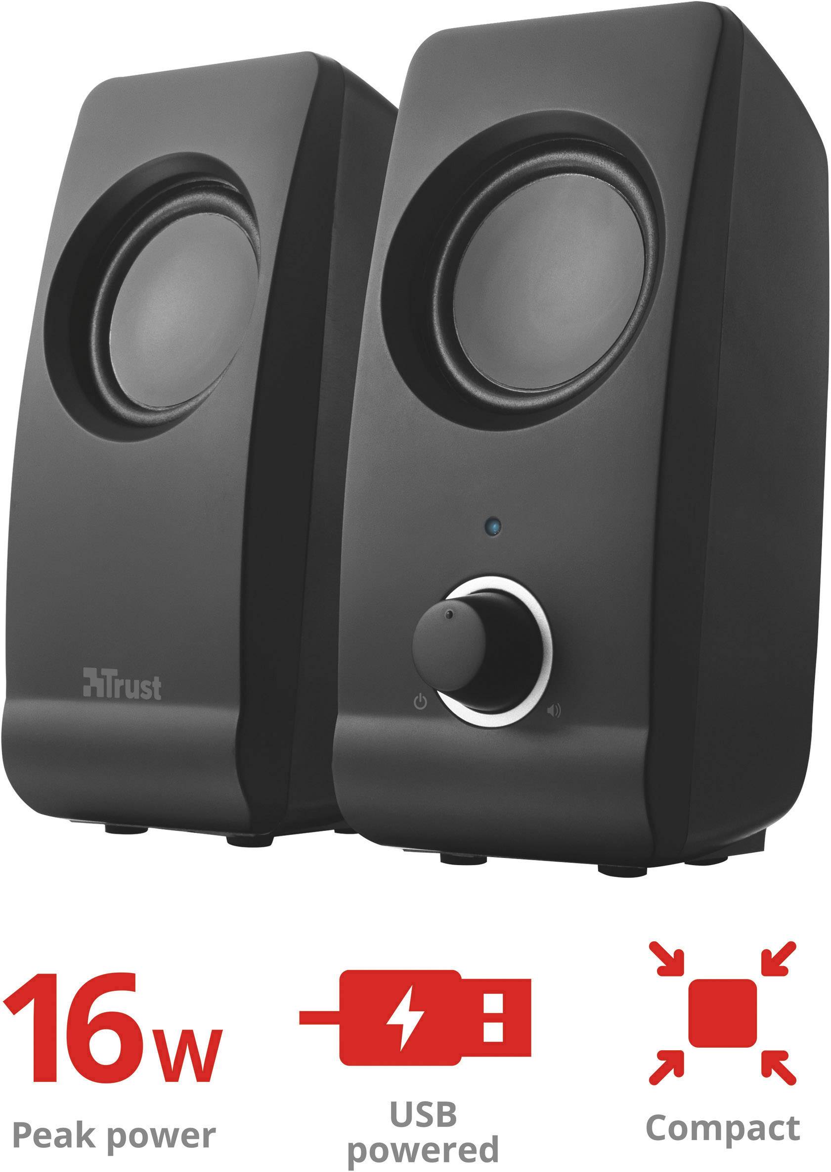 Zwarte luidsprekers met volumeregelaar, 16 Watt piekbelasting, USB-voeding, compact ontwerp.