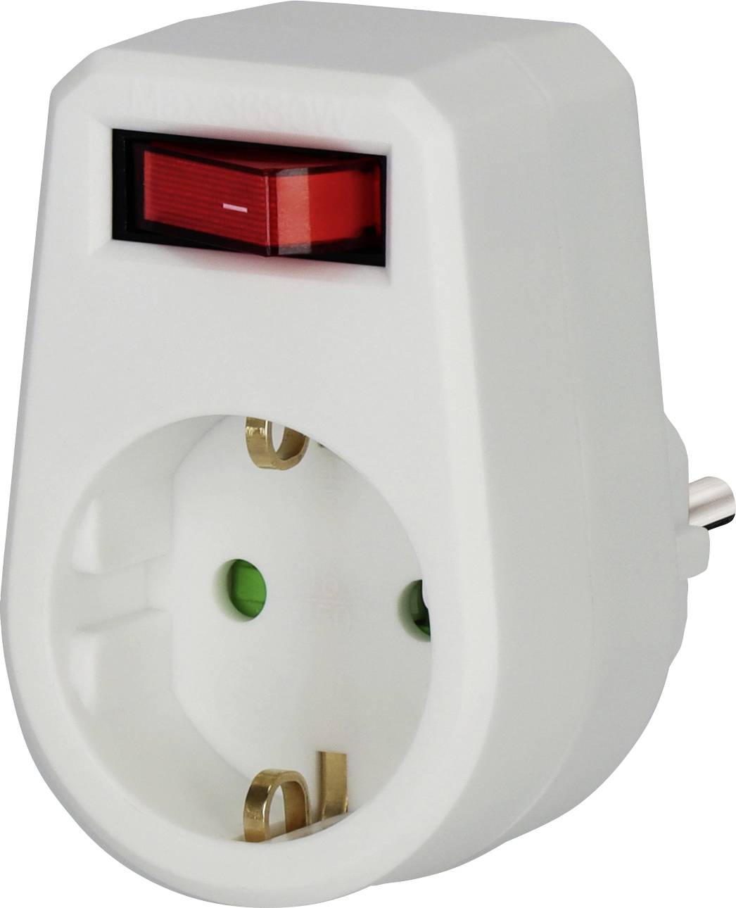Witte insteekstekeradapter met rood verlicht schakelaar en ronde contactdoos, met groene aardingsindicator.