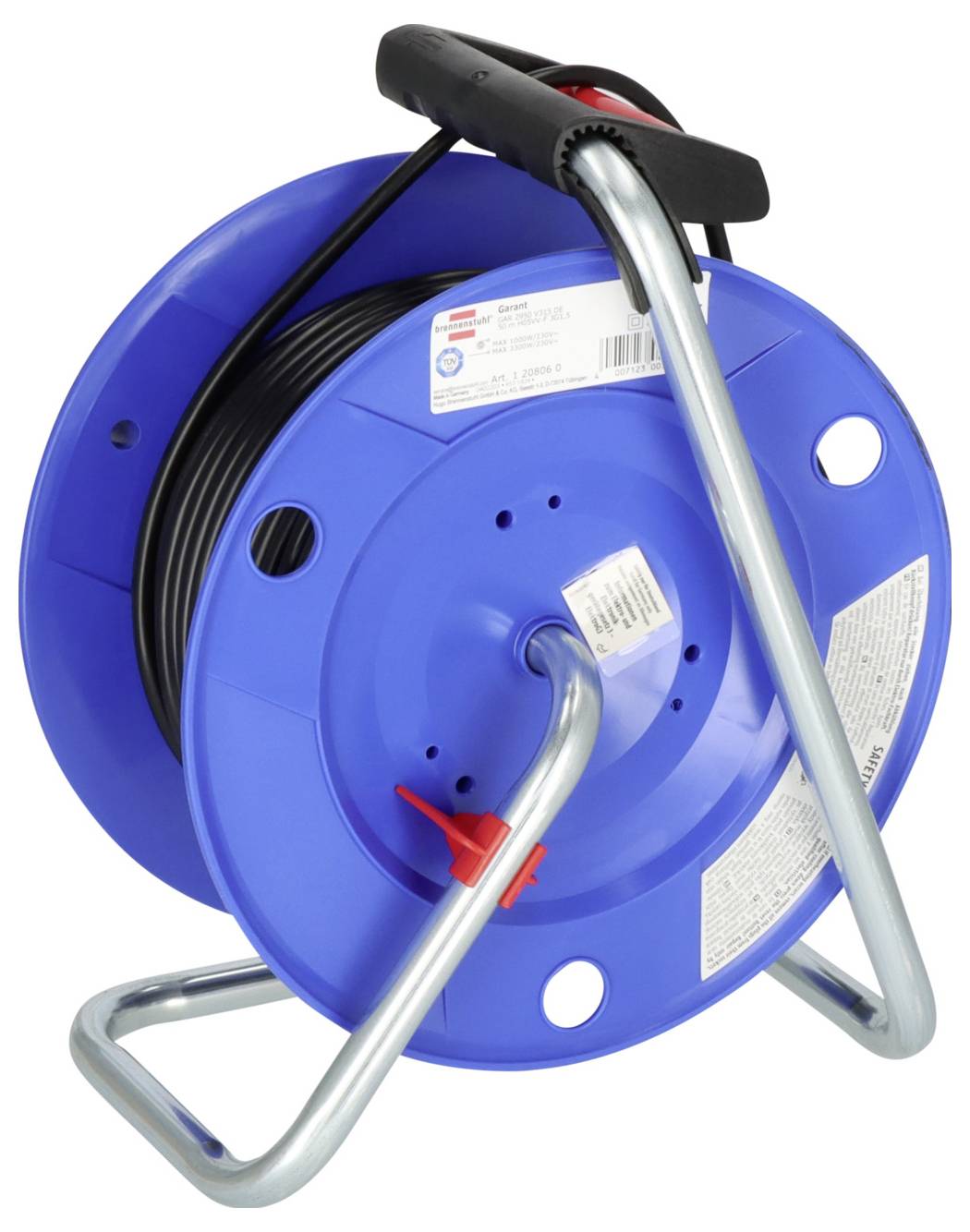 Blauwe kabelspoel met opgerolde zwarte kabel en zilveren metalen handvat, getoond op een witte achtergrond.
