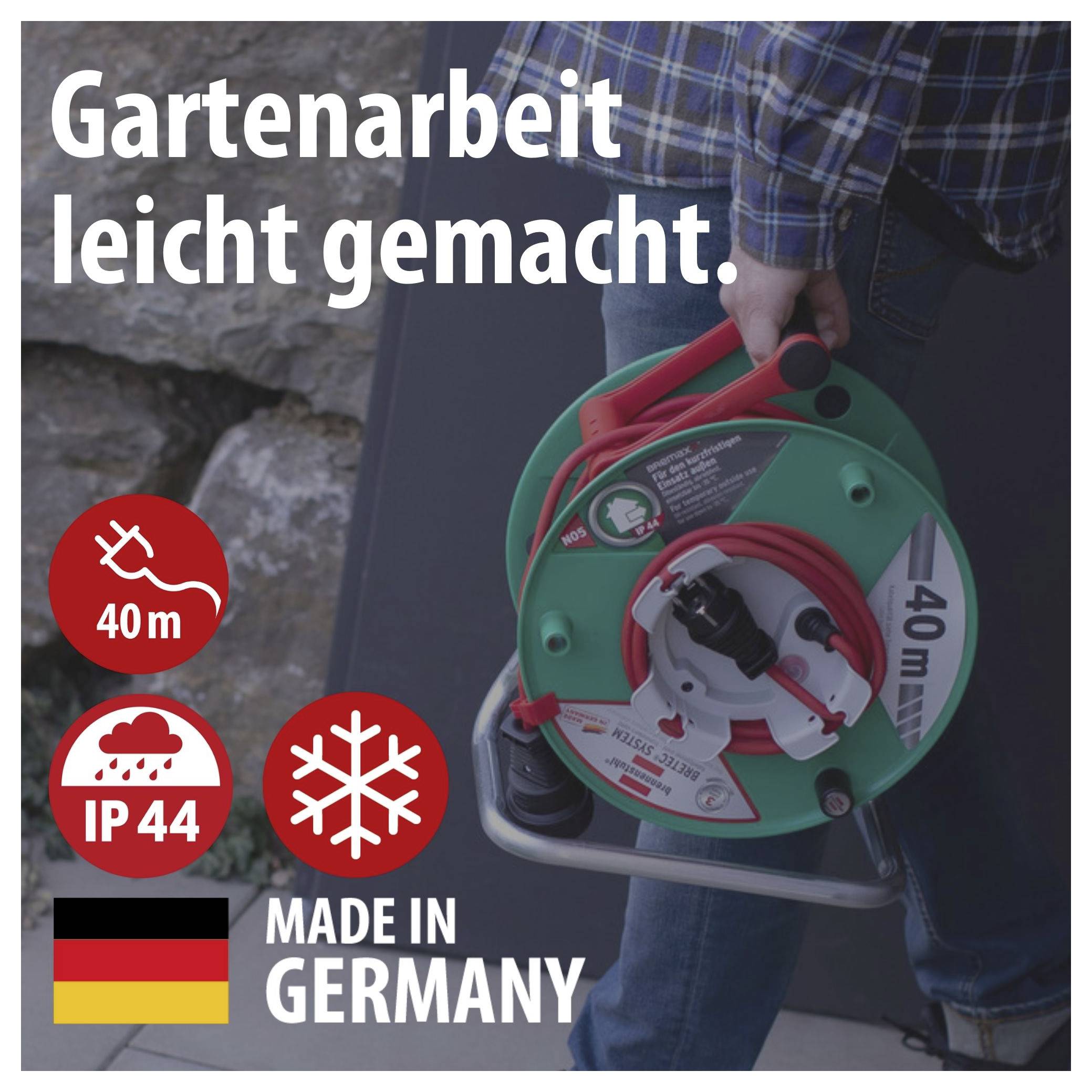 Reclameposter voor tuinwerkzaamheden met kabelspoel 40 m, beschermingsgraad IP44, vorstbestendig symbool en de opmerking 'MADE IN GERMANY'.