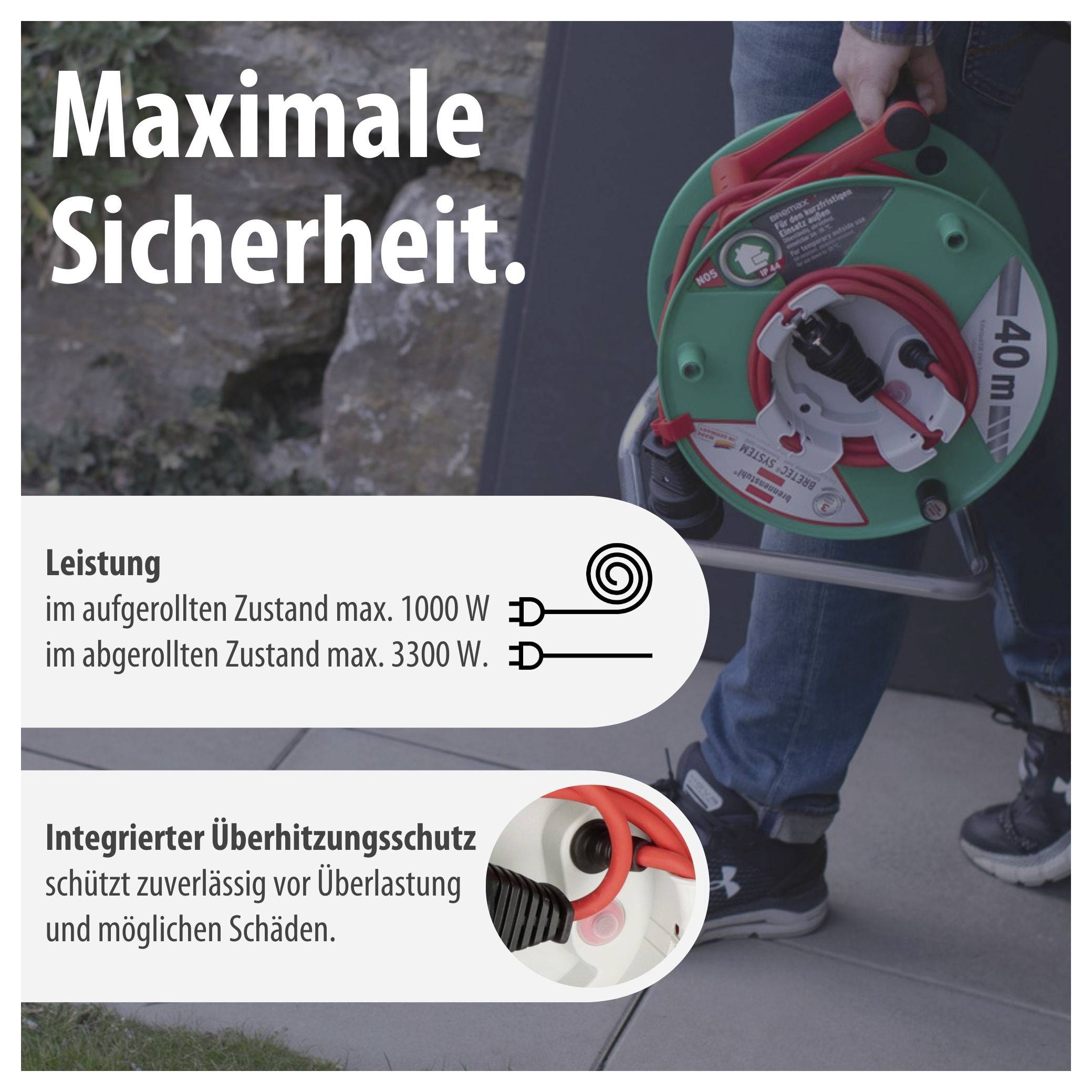 Reclame voor een kabelwagen met 'Maximale veiligheid'; vermeldt vermogen: opgerold max. 1000 W, afgerold max. 3300 W, met geïntegreerde oververhittingsbeveiliging.