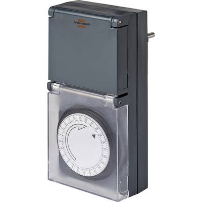 Aan de muur gemonteerde mechanische timervoet met een rond schijfje in een doorzichtige kunststof kap en een zwart rechthoekige behuizing.