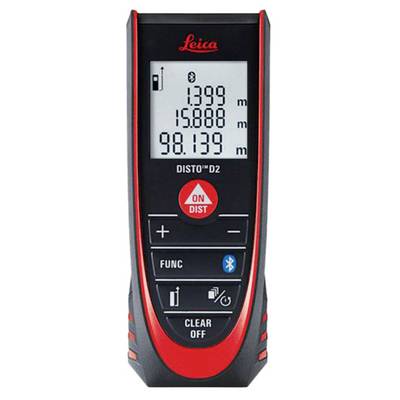 Een digitale laserAfstandsmeter met een display waarop drie metingen worden getoond: 1,399 m, 15,888 m en 98,139 m. Knoppen voor functies en aan/uit zijn zichtbaar.