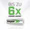 'Tot 6x langere levensduur' staat boven een afbeelding van een Energizer Recharge batterij. De tekst wijst op verbeterde prestaties.